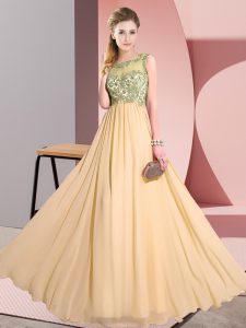 Popular Floor Length Backless Quinceanera Court Dresses Peach for Wedding Party with Beading and Appliques