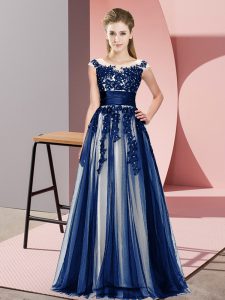 Modest Scoop Sleeveless Quinceanera Court of Honor Dress Floor Length Beading and Lace Navy Blue Tulle