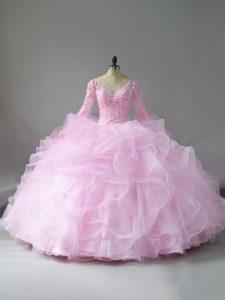 Charming Pink Tulle Lace Up V-neck Long Sleeves Floor Length Quinceanera Dresses Lace and Ruffles