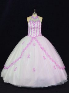 Floor Length Lace Up Sweet 16 Dresses White for Sweet 16 and Quinceanera with Appliques