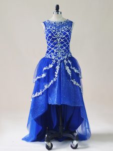 Pretty Royal Blue A-line Beading and Appliques Evening Outfits Zipper Tulle Sleeveless High Low