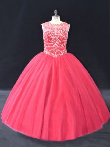 Coral Red Ball Gowns Tulle Scoop Long Sleeves Beading Floor Length Lace Up Ball Gown Prom Dress