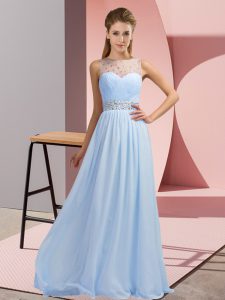 Simple Blue Sleeveless Beading Floor Length Prom Gown