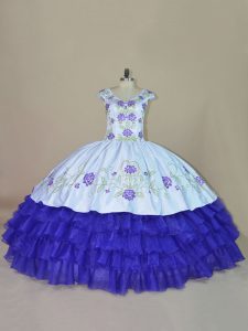 Cute Floor Length Lace Up 15th Birthday Dress Blue and Purple for Sweet 16 and Quinceanera with Embroidery and Ruffled Layers