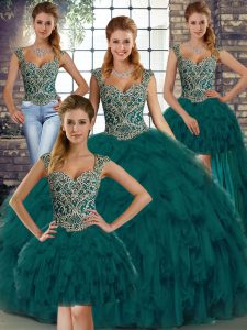 Floor Length Peacock Green Sweet 16 Dresses Straps Sleeveless Lace Up