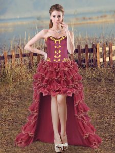 Sweet Burgundy Evening Wear Prom and Party and Military Ball with Embroidery and Ruffles Sweetheart Sleeveless Lace Up