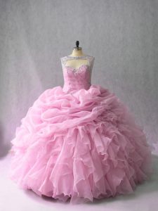 Artistic Sleeveless Brush Train Beading and Ruffles Lace Up Quinceanera Gown