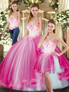 Trendy Floor Length Lace Up 15 Quinceanera Dress Fuchsia for Sweet 16 and Quinceanera with Beading