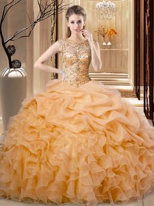 Luxurious Beading and Ruffles Quinceanera Gown Orange Lace Up Sleeveless Floor Length