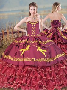 Burgundy Sleeveless Embroidery and Ruffled Layers Lace Up Sweet 16 Dress