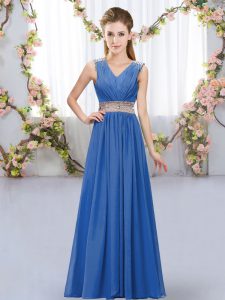 Chiffon V-neck Sleeveless Lace Up Beading and Belt Dama Dress in Blue