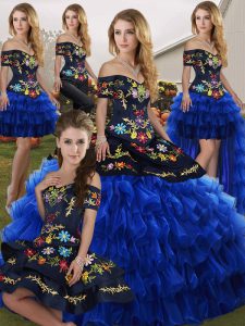 Fitting Floor Length Lace Up Vestidos de Quinceanera Blue And Black for Military Ball and Sweet 16 and Quinceanera with Embroidery and Ruffled Layers