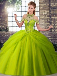 Decent Ball Gowns Sleeveless Olive Green Vestidos de Quinceanera Brush Train Lace Up