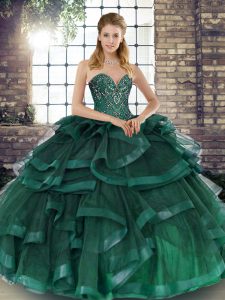 Peacock Green Sweetheart Neckline Beading and Ruffles Quince Ball Gowns Sleeveless Lace Up