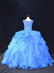 Extravagant Beading and Ruffles Quince Ball Gowns Blue Lace Up Sleeveless Brush Train