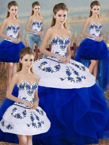 Royal Blue Lace Up Sweetheart Embroidery and Ruffles and Bowknot 15 Quinceanera Dress Tulle Sleeveless
