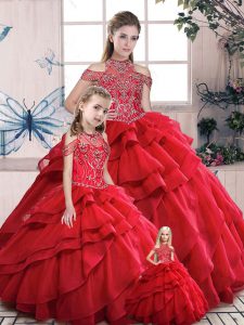Red High-neck Lace Up Beading and Ruffles Sweet 16 Dresses Sleeveless