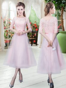 Adorable Baby Pink Half Sleeves Ankle Length Belt Lace Up Prom Gown