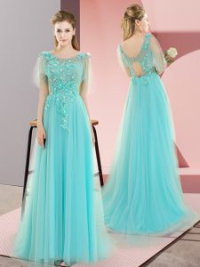 Backless Prom Dress Aqua Blue for Prom and Party and Military Ball with Appliques Sweep Train