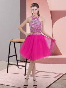 Custom Designed Hot Pink Two Pieces Organza Halter Top Sleeveless Beading Knee Length Backless Prom Evening Gown