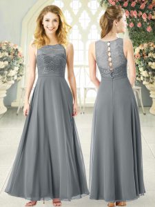 Colorful Grey Empire Chiffon Scoop Sleeveless Lace Ankle Length Clasp Handle Evening Dress