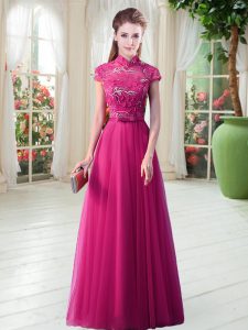 Glorious Short Sleeves Tulle Floor Length Lace Up in Hot Pink with Lace