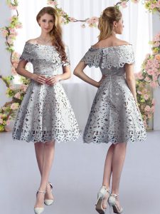 Dazzling Grey Vestidos de Damas Prom and Party and Wedding Party with Lace Off The Shoulder Short Sleeves Zipper