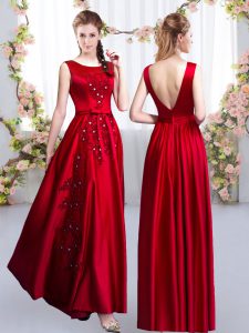 Red Satin Backless Scoop Sleeveless Floor Length Dama Dress for Quinceanera Beading and Appliques