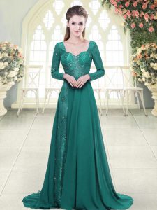 Long Sleeves Sweep Train Backless Beading and Lace Prom Dresses