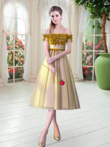 Hot Selling Tea Length Lace Up Prom Dress Gold for Prom and Party with Appliques