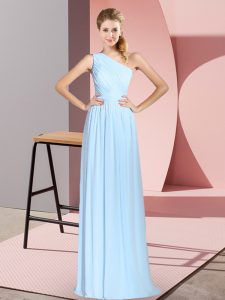 Blue Lace Up One Shoulder Ruching Dress for Prom Chiffon Sleeveless