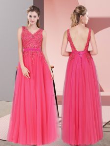 Hot Pink Empire Lace Dress for Prom Backless Tulle Sleeveless Floor Length