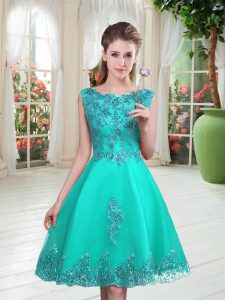Turquoise Tulle Lace Up Scoop Sleeveless Knee Length Prom Dresses Beading and Appliques