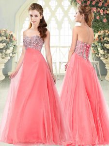 Watermelon Red Sleeveless Tulle Lace Up Dress for Prom for Prom and Party