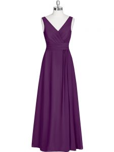 Best Selling Eggplant Purple Evening Dress Prom and Party with Ruching V-neck Sleeveless Zipper