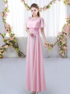 Short Sleeves Floor Length Appliques Zipper Quinceanera Dama Dress with Rose Pink