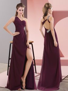 Dark Purple Sleeveless Sweep Train Beading and Lace Prom Evening Gown