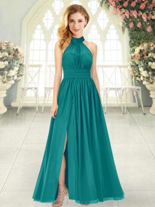 Chiffon Halter Top Sleeveless Zipper Ruching Prom Party Dress in Teal