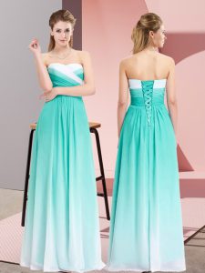 Turquoise Chiffon Lace Up Homecoming Dress Sleeveless Floor Length Ruching