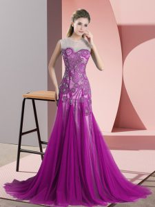 Scoop Sleeveless Tulle Beading and Appliques Sweep Train Backless