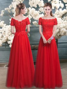 Red Off The Shoulder Neckline Lace Prom Party Dress Short Sleeves Lace Up