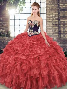 Sweet Red Sleeveless Embroidery and Ruffles Lace Up 15th Birthday Dress