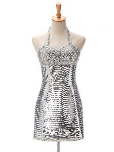 Silver Sequined Zipper Prom Evening Gown Sleeveless Mini Length Ruching