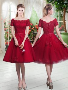 Gorgeous Wine Red A-line Off The Shoulder Short Sleeves Tulle Knee Length Lace Up Appliques