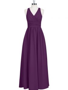Romantic Eggplant Purple Chiffon Zipper Dress for Prom Sleeveless Floor Length Ruching
