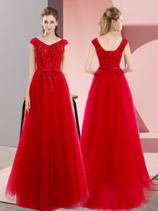 Sweep Train A-line Prom Party Dress Red V-neck Tulle Short Sleeves Floor Length Lace Up