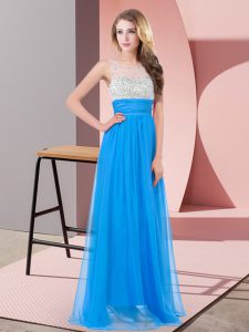 Comfortable Floor Length Baby Blue Prom Gown Scoop Sleeveless Side Zipper