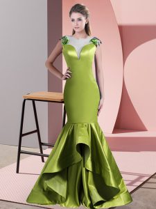 Green and Olive Green Sleeveless Sweep Train Beading Evening Dress