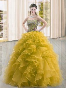 Modest Gold Lace Up Sweetheart Beading and Ruffles Quinceanera Gown Organza Sleeveless