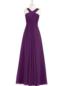 Affordable Eggplant Purple Zipper Evening Dress Ruching Sleeveless Floor Length